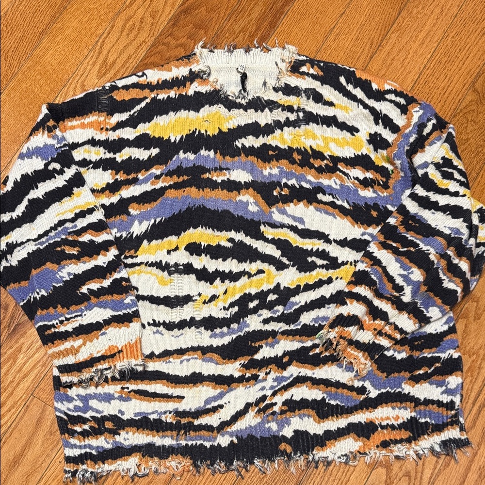 R13 Vibrant Patterned Frayed Sweater